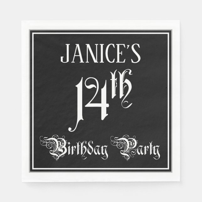 14th Birthday Party — Fancy Script + Custom Name Napkins (Front)