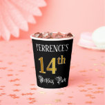 [ Thumbnail: 14th Birthday Party — Fancy Script, Faux Gold Look Paper Cups ]