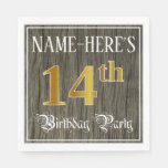 [ Thumbnail: 14th Birthday Party — Faux Gold & Faux Wood Looks Napkins ]