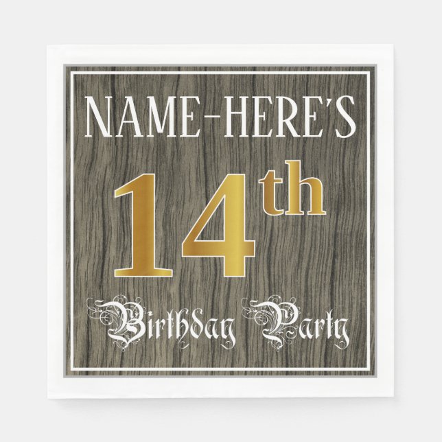 14th Birthday Party — Faux Gold & Faux Wood Looks Napkins (Front)