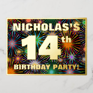 14th Birthday Party — Fun, Colorful Fireworks Look Foil Invitation