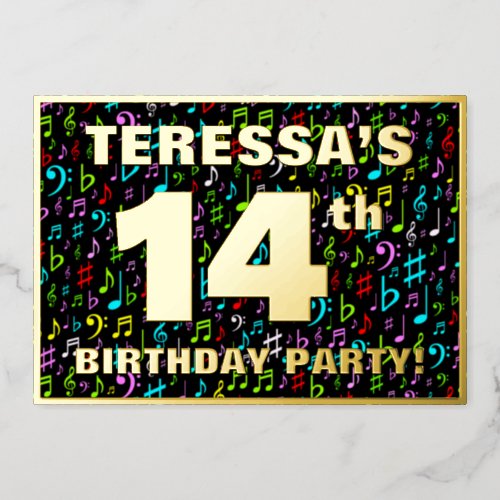 14th Birthday Party â Fun Colorful Music Symbols Foil Invitation