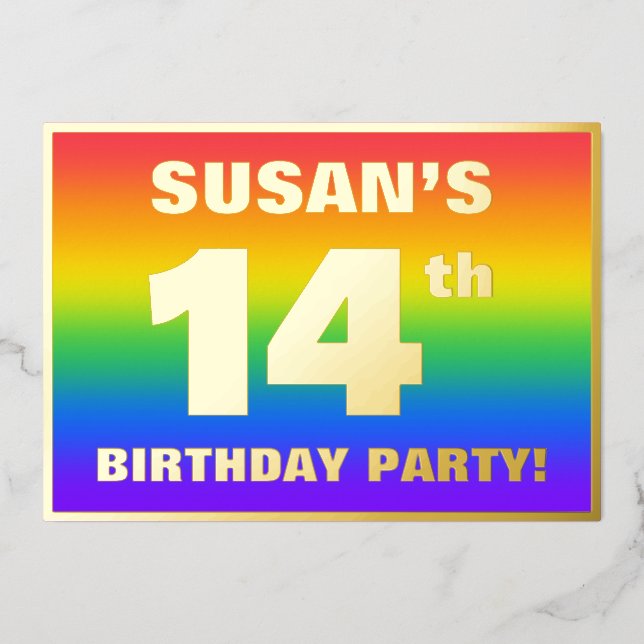 14th Birthday Party: Fun, Colorful Rainbow Pattern Foil Invitation (Front)