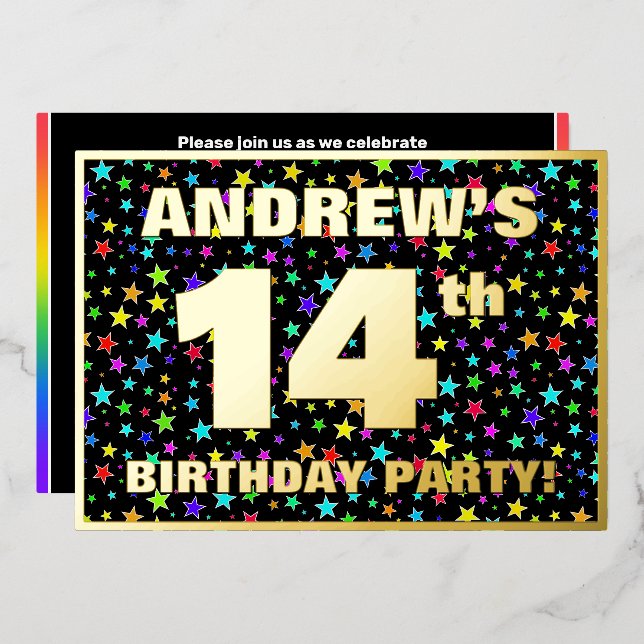 14th Birthday Party — Fun, Colorful Stars Pattern Foil Invitation (Front/Back)