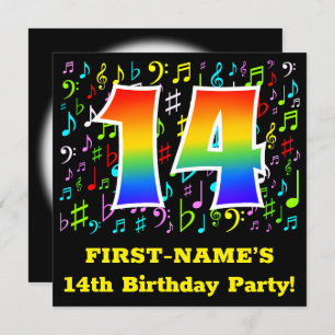 14th Birthday Party: Fun Music Symbols, Rainbow 14 Invitation