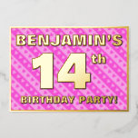 [ Thumbnail: 14th Birthday Party — Fun Pink Hearts and Stripes Invitation ]