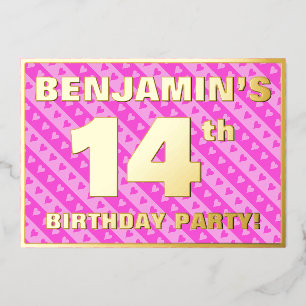 14th Birthday Party — Fun Pink Hearts and Stripes Foil Invitation