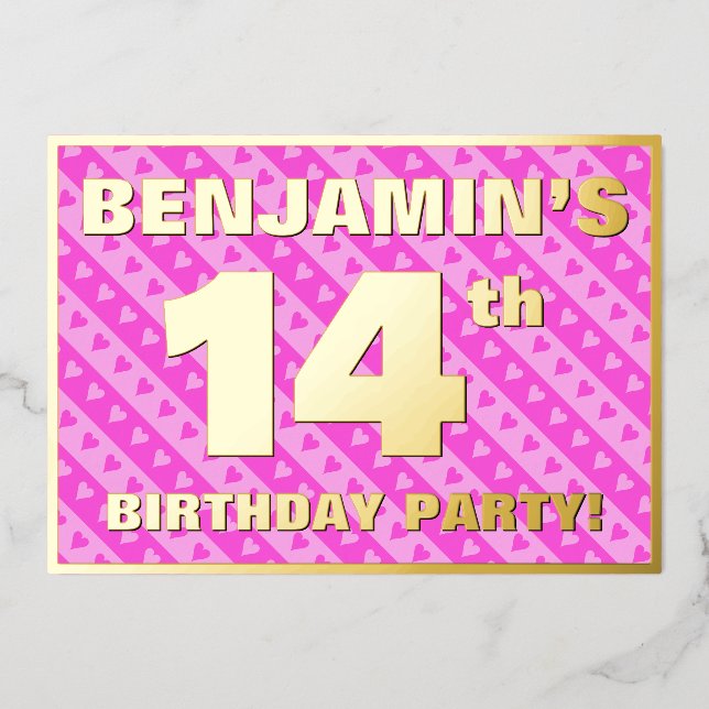 14th Birthday Party — Fun Pink Hearts and Stripes Foil Invitation (Front)