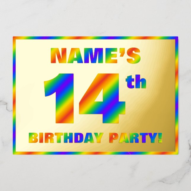 14th Birthday Party — Fun, Rainbow Spectrum “14” Foil Invitation (Front)