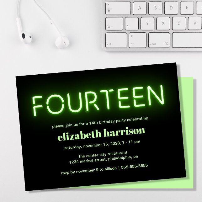 14th Birthday Party Green Neon Lights Invitation (Creator Uploaded)