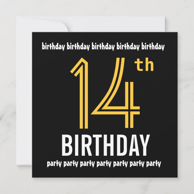 14th Birthday Party Modern Gold and Black Invitation (Front)