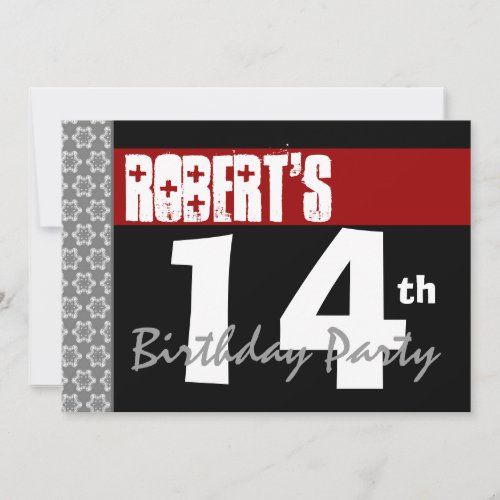 14th Birthday Party Modern Red Black and White 2D Invitation