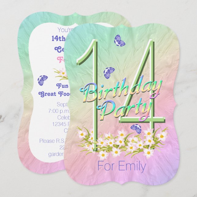 14th Birthday Party Rainbow Garden Invitations (Front/Back)
