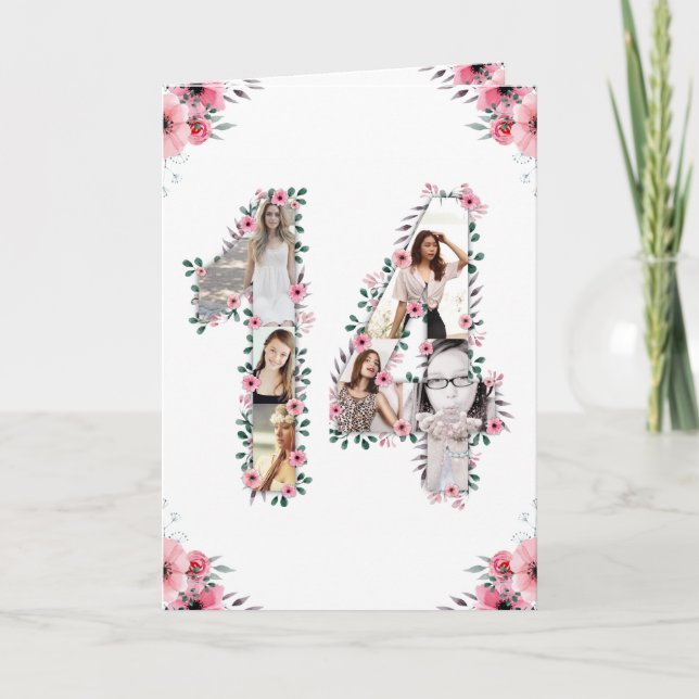 14th Birthday Photo Collage Girl Pink Flower White Card (Front)