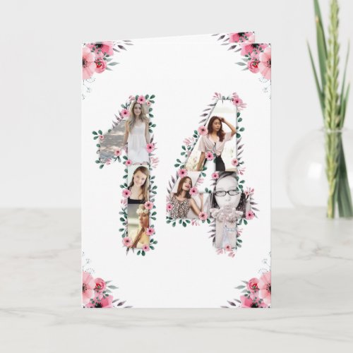14th Birthday Photo Collage Girl Pink Flower White Card