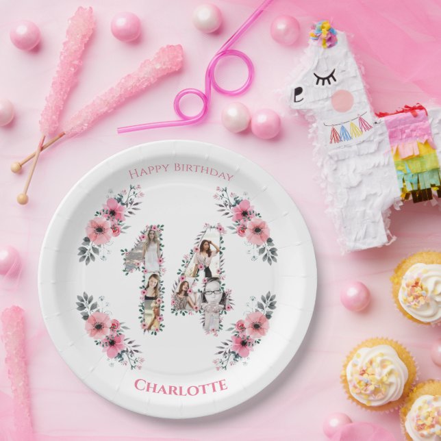 14th Birthday Photo Collage Girl Pink Flower White Paper Plates (Party)