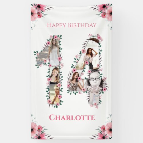 14th Birthday Photo Collage Pink Flower Girl White Banner