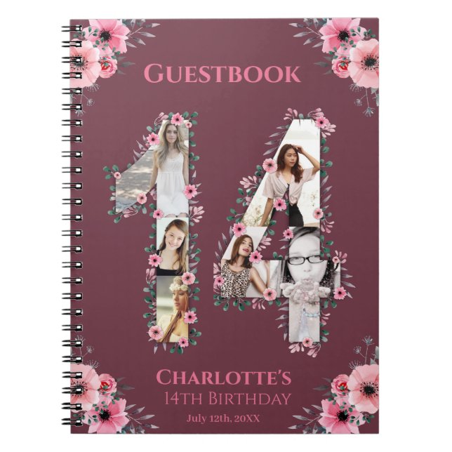 14th Birthday Photo Collage Pink Flower Guest Book (Front)