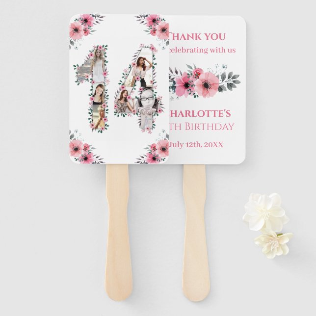 14th Birthday Photo Collage Pink Girl Flower White Hand Fan (Front and Back)