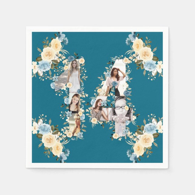 14th Birthday Photo Collage Teal Yellow Flower Napkins (Front)
