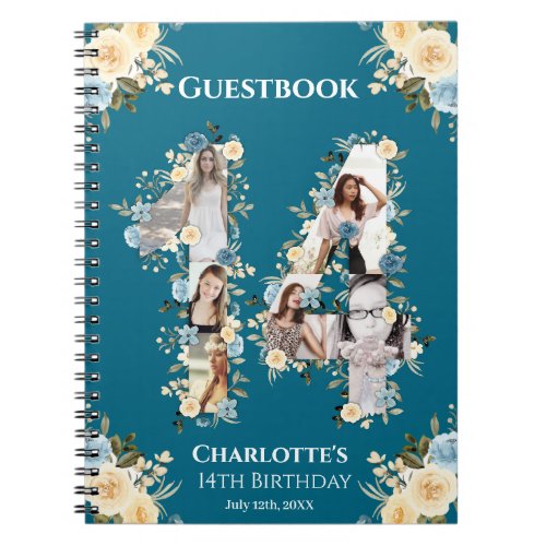 14th Birthday Photo Collage Yellow Flower Teal Notebook