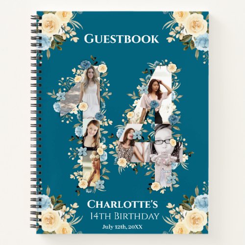 14th Birthday Photo Teal Yellow Flower Guest Book