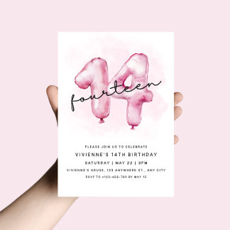 14th Birthday Pink Balloon Invitation