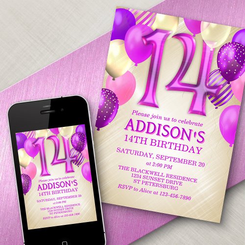 14th Birthday Pink Balloons Invitation