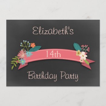14th Birthday Pink Banner Flowers Chalkboard Invitation by JK_Graphics at Zazzle