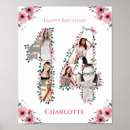 14th Birthday Pink Flower Girl Photo Collage White Poster
