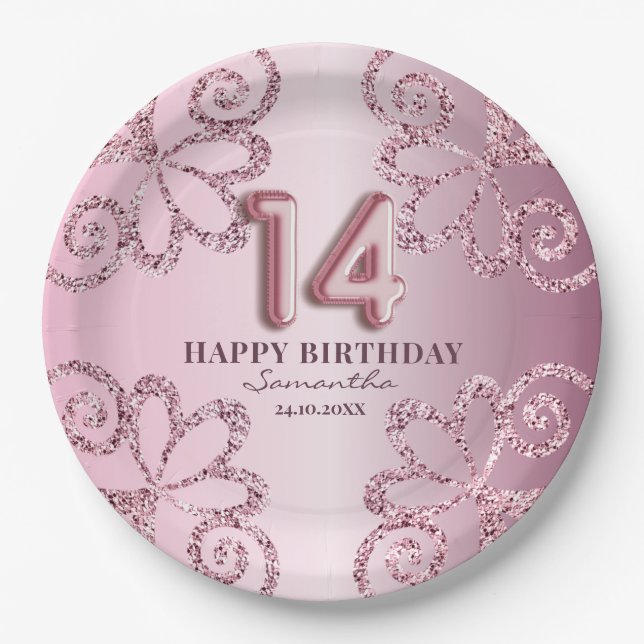 14th Birthday Pink Princess Glitter Balloon Script Paper Plates (Front)