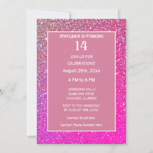 14th Birthday Pink Rose Gold Glitter Fourteen Year Invitation