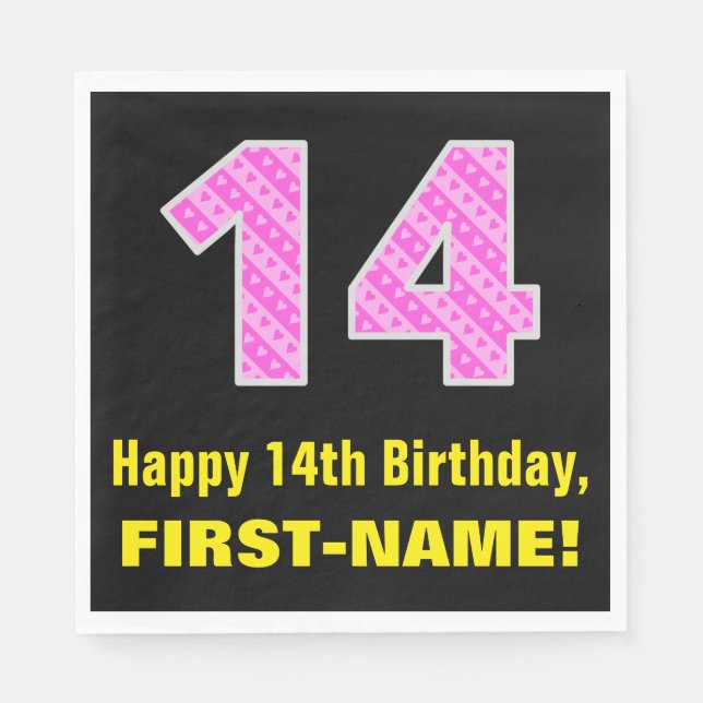 14th Birthday: Pink Stripes and Hearts "14" + Name Napkins (Front)