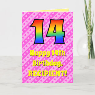 14th Birthday: Pink Stripes & Hearts, Rainbow # 14 Card