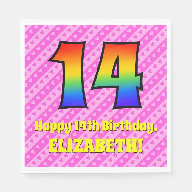 14th Birthday: Pink Stripes & Hearts, Rainbow # 14 Napkins (Front)