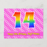 [ Thumbnail: 14th Birthday: Pink Stripes & Hearts, Rainbow 14 Postcard ]