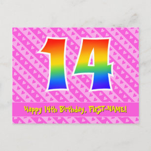 14th Birthday: Pink Stripes & Hearts, Rainbow 14 Postcard