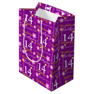 14th Birthday purple pink flower custom name Medium Gift Bag