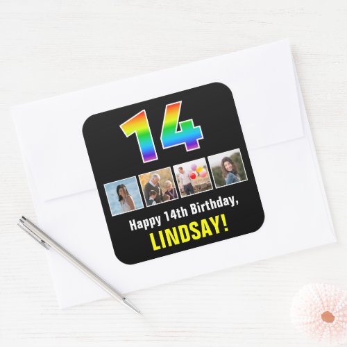 14th Birthday Rainbow 14 Custom Photos  Name Square Sticker