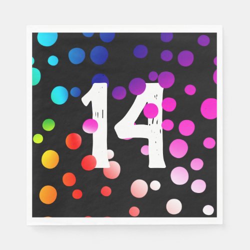 14th Birthday Rainbow Dots on Black Napkins