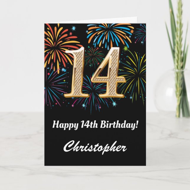 14th Birthday Rainbow Fireworks Black and Gold Card (Front)