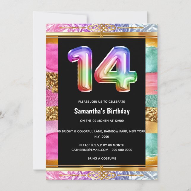 14th birthday rainbow glitter colorful party invitation (Front)