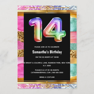 14th birthday rainbow glitter colorful party invitation