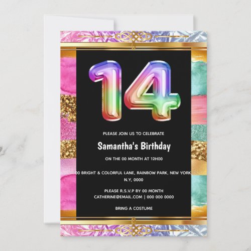 14th birthday rainbow glitter colorful party invitation