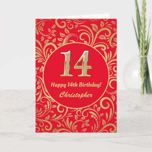 14th Birthday Red and Gold Floral Pattern Card