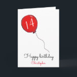 14th Birthday red balloon Card<br><div class="desc">14th birthday red balloon personalized greeting card for him. Perfect for relatives such as parents or grandparents to give to a son or grandson who is turning fourteen or for family friends to give to a teenage boy. The name shown, inside message and age can all be customized as desired....</div>
