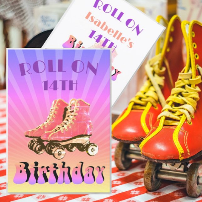 14th Birthday Retro Roller Skate Purple Sunbeam Invitation (Creator Uploaded)