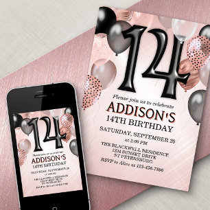 14th Birthday Rose Gold Balloons Invitation