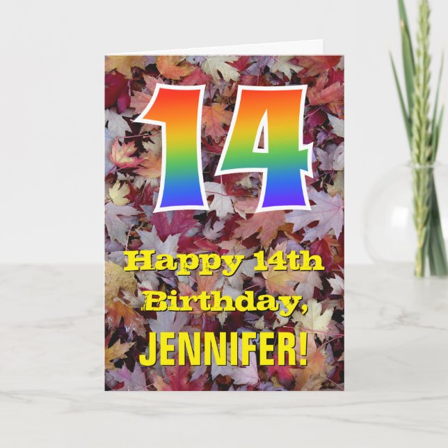 14th Birthday; Rustic Autumn Leaves; Rainbow "14" Card (Front)