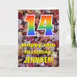 [ Thumbnail: 14th Birthday; Rustic Autumn Leaves; Rainbow "14" Card ]